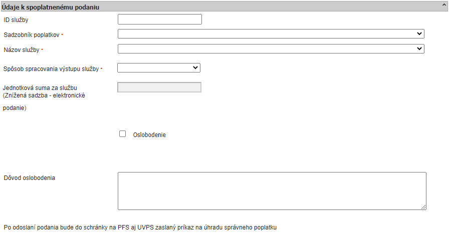 Ilustračný obrázok zobrazenia formuláru Údaje k spoplatnenému podaniu na ÚPVS