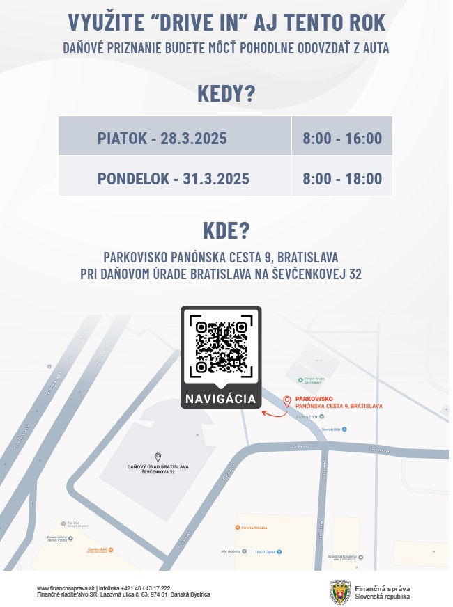 Drive in; Daňový úrad Bratislava; podávanie priznaní z auta
