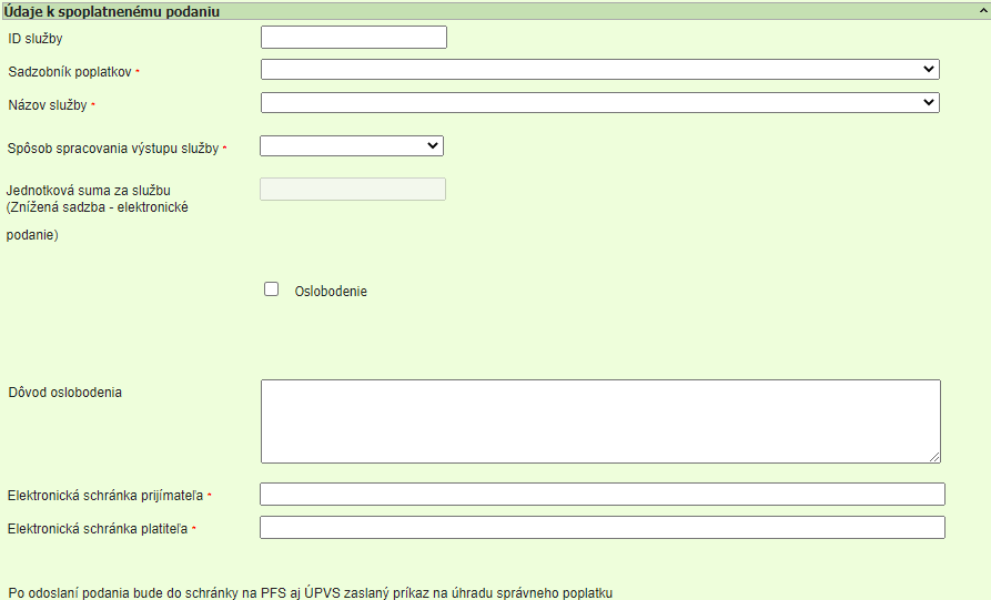Ilustračný obrázok zobrazenia formuláru Údaje k spoplatnenému podaniu na PFS
