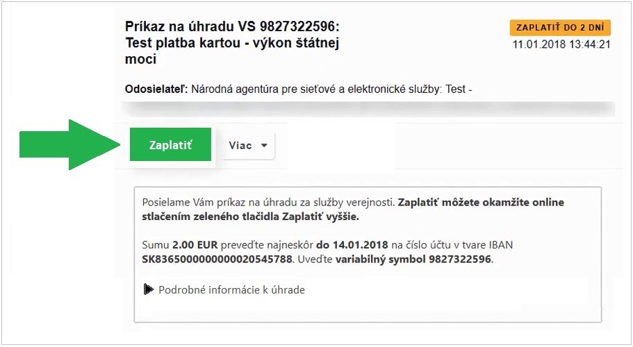 Ukážka platby platobnou kartou prostredníctvom ÚPVS