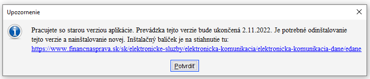 Obrázok upozornenie pripráci so starou verziou aplikácie eDane