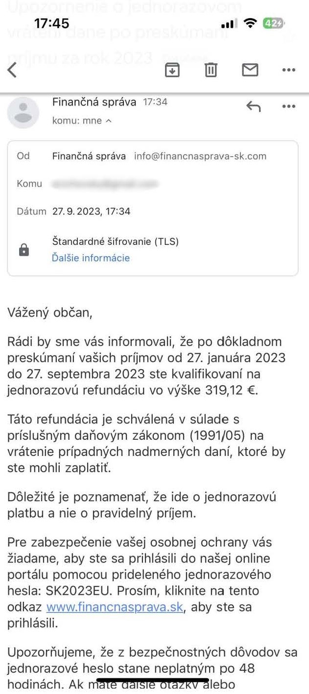 Príloha: Distribuovaný podvodný email.