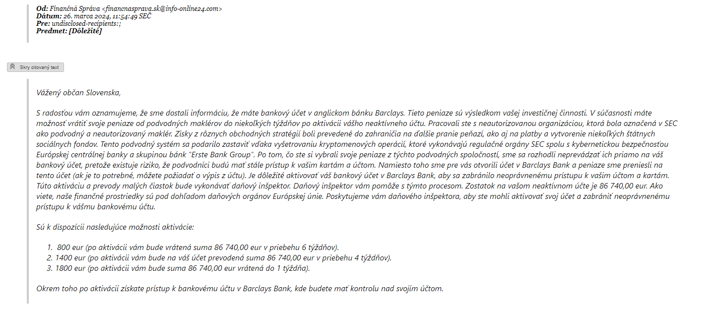 Zobrazenie podvodného emailu Zobrazenie podvodného emailu