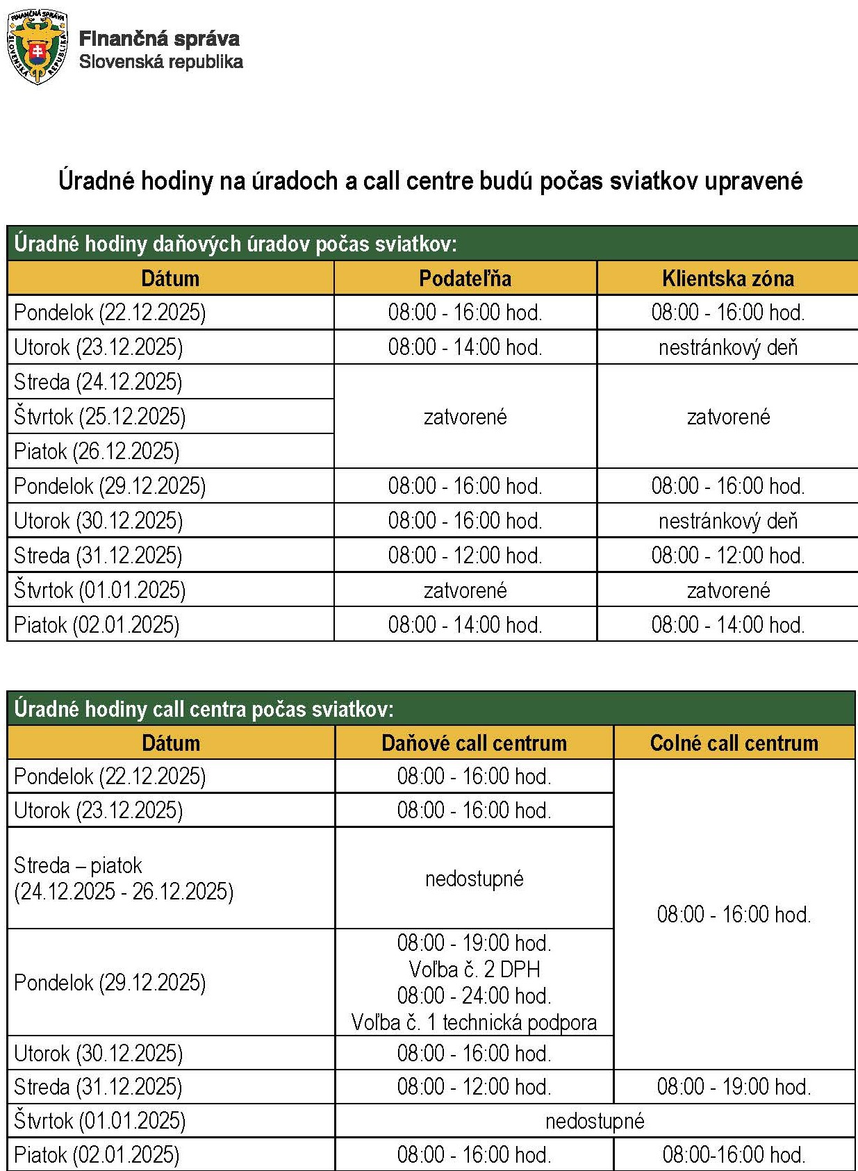 Tabuľka úradných hodín cez sviatky Tabuľka úradných hodín cez sviatky